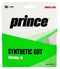 The packaging for the Prince Synthetic Gut Original White String Set by Prince showcases a green and white design. It highlights "Power & Spin" to boost performance, with details on string specifications: 16 gauge, 1.30 mm, and a length of 40 feet (12.2 meters).