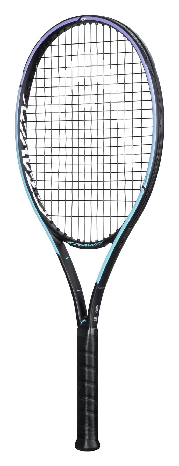 The HEAD Gravity Junior 2021 Tennis Racket - Black, tailored for junior players, boasts a modern aerodynamic design in sleek black and blue. Featuring Graphene 360+ technology, its tightly strung strings and black-taped grip ensure outstanding performance. The prominence of the HEAD brand enhances the contemporary look of the racket.