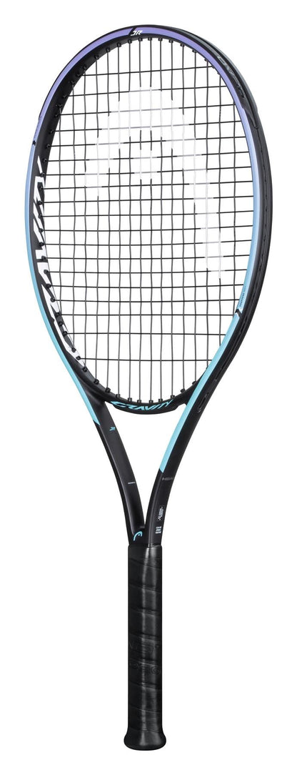 The HEAD Gravity Junior 2021 Tennis Racket - Black, tailored for junior players, boasts a modern aerodynamic design in sleek black and blue. Featuring Graphene 360+ technology, its tightly strung strings and black-taped grip ensure outstanding performance. The prominence of the HEAD brand enhances the contemporary look of the racket.