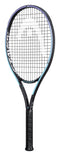 The HEAD Gravity Junior 2021 Tennis Racket - Black, tailored for junior players, boasts a modern aerodynamic design in sleek black and blue. Featuring Graphene 360+ technology, its tightly strung strings and black-taped grip ensure outstanding performance. The prominence of the HEAD brand enhances the contemporary look of the racket.