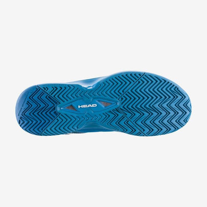 The image showcases the sole of the HEAD Revolt EVO 2.0 Men's Wide Fit Tennis Shoes in blue, featuring a chevron-patterned tread designed for superior breathability. The brand name "HEAD" is prominently printed in white at the center.
