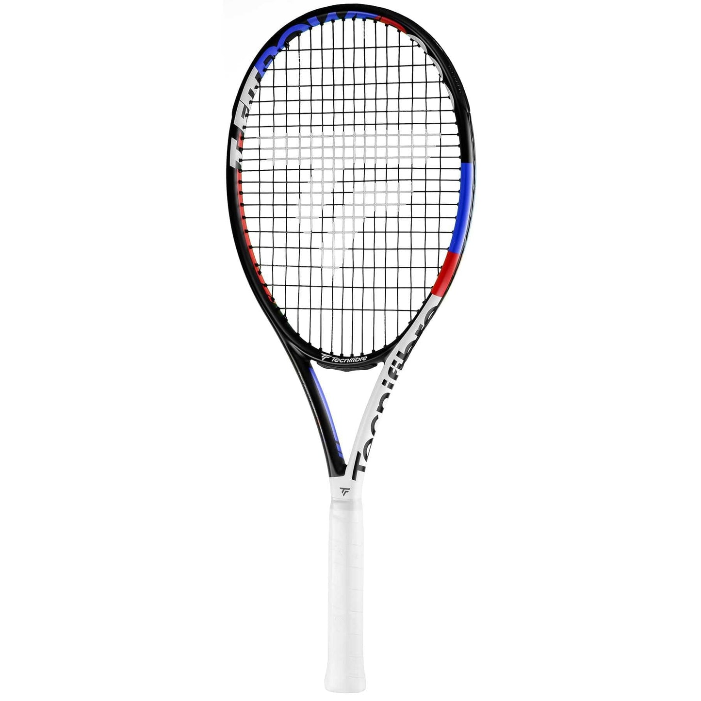 The Tecnifibre TFit 280 Power 2021 Tennis Racket, perfect for intermediate players, features a white grip and strings complemented by a black frame with red and blue accents. This racket delivers an affordable mix of power and control, ideal for improving your game.