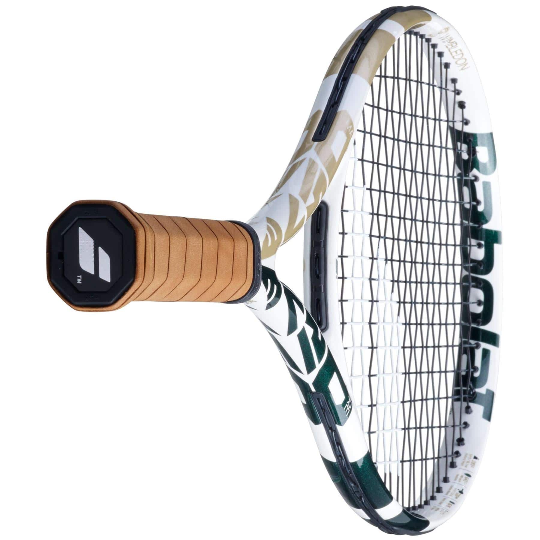 A close-up view of a Babolat Pure Drive Team Tennis Racket - Wimbledon, highlighting its brown grip and stringed head. This model displays a white and green color scheme with the SWX Pure Feel technology logo visible near the handle.