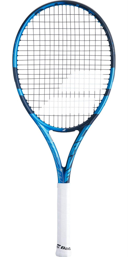 The Babolat Pure Drive Lite Tennis Racket - Blue (Strung) showcases a sleek, modern design with its blue and black frame complemented by a white grip. The woven string pattern is designed to enhance power, and the brand logo near the bottom adds an element of elegance.