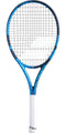 The Babolat Pure Drive Lite Tennis Racket - Blue (Strung) showcases a sleek, modern design with its blue and black frame complemented by a white grip. The woven string pattern is designed to enhance power, and the brand logo near the bottom adds an element of elegance.