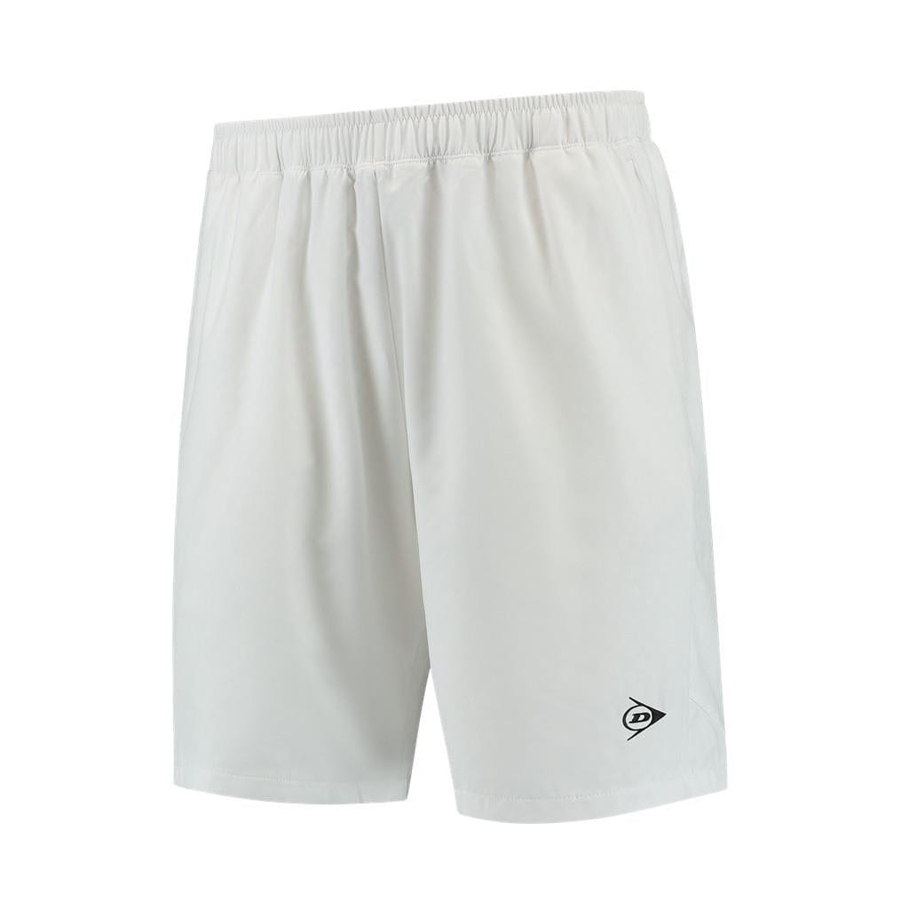 Introducing the Dunlop Performance Game Men's Tennis Shorts in white. These shorts feature an elastic waistband and a subtle logo on the left leg. Utilizing Dunlop Performance Game technology, they are made of lightweight, moisture-absorbing fabric, making them perfect for sports or casual wear.