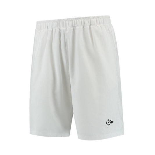 Introducing the Dunlop Performance Game Men's Tennis Shorts in white. These shorts feature an elastic waistband and a subtle logo on the left leg. Utilizing Dunlop Performance Game technology, they are made of lightweight, moisture-absorbing fabric, making them perfect for sports or casual wear.