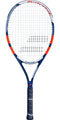The Babolat Pulsion 105 Tennis Racket - Red Blue White (Strung) is ideal for beginners, featuring a modern design with a blue and red frame adorned with the iconic Babolat logo on its sleek graphite construction. The black grip prominently displays "UPT" near the base, complemented by white strings.