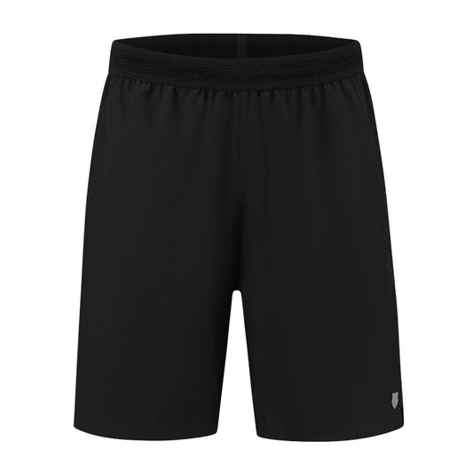 The K-Swiss Hypercourt Men's Tennis Shorts in black are showcased against a plain white background. These versatile tennis shorts feature an elastic waistband and display the small K-Swiss logo on the lower left side, making them perfect for keeping you comfortable during your Hypercourt sessions.