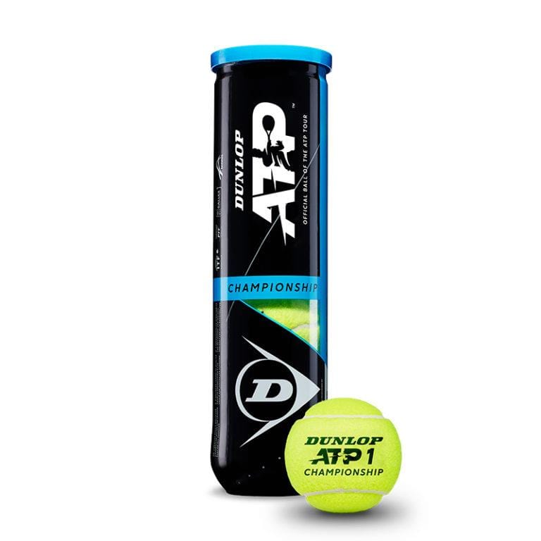 A tube of Dunlop ATP Championship Tennis Balls - 3 Ball Tube is displayed with one vibrant yellow ball outside. This black tube, adorned with blue accents and white branding text, highlights the Max Core technology and Durafelt HD Cloth for superior performance on the court.