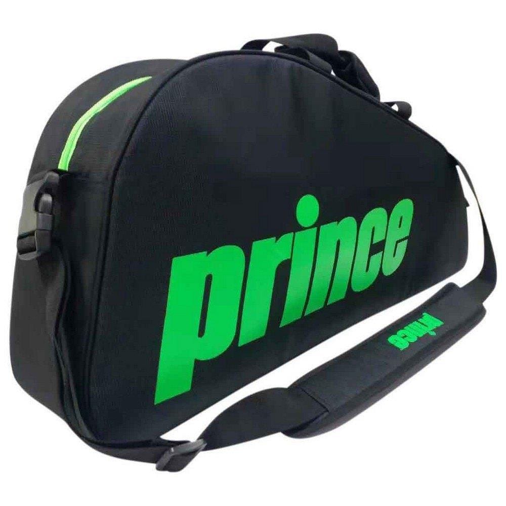 The Prince Thermo 3 Racket Bag, featuring a black triangular design with a vibrant green "Prince" logo on the side, includes a green zipper and an adjustable shoulder strap that showcases the brand name in smaller font. It's ideal for carrying your essentials in style.