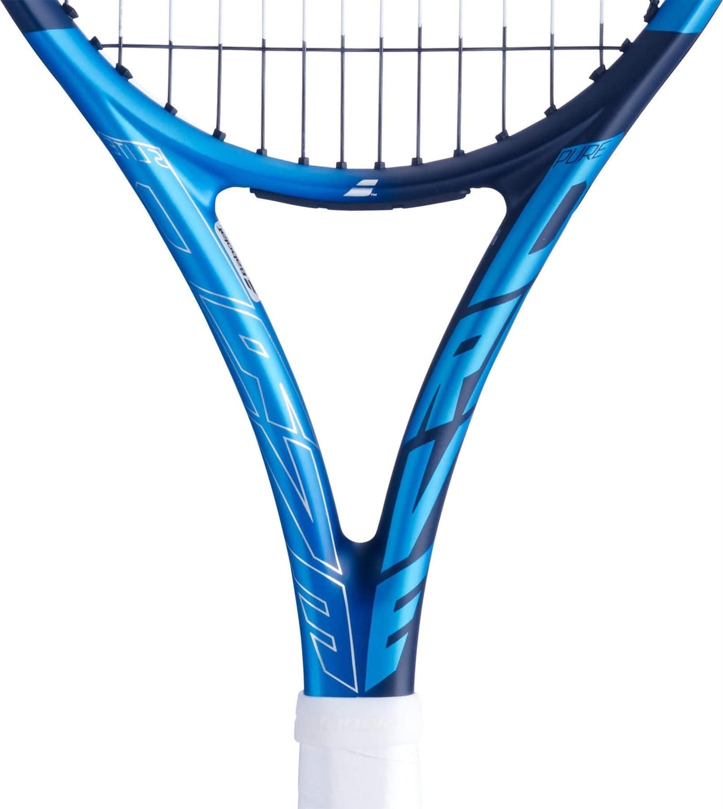 Close-up of a blue Babolat Pure Drive Lite Tennis Racket with "PAVE" prominently displayed along the frame. The white handle complements the powerful strings visible at the top.