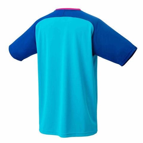 A short-sleeved Yonex 16573 Men's T-Shirt in turquoise, showcasing a light blue body with dark blue sleeves, crafted from quick-dry material, viewed from the back.