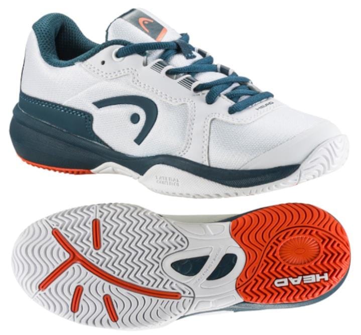 A pair of HEAD Sprint 3.5 Junior Tennis Shoes in white and orange with a distinctive logo on the side. Featuring breathable mesh, one shoe is upright, while the other reveals a red and white treaded sole, showcasing the HEAD brand name.
