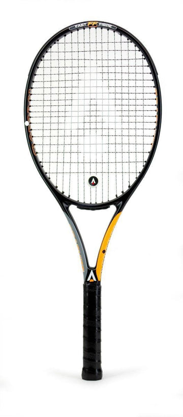 The Karakal Graphite Pro 280 Tennis Racket is a lightweight racket from Karakal, showcasing a sophisticated black and yellow design with a patterned string face and an integrated logo in the strings. Made with Fast Fibre Nano Graphite Gel, it delivers outstanding performance and includes a cushioned black grip handle for enhanced comfort.