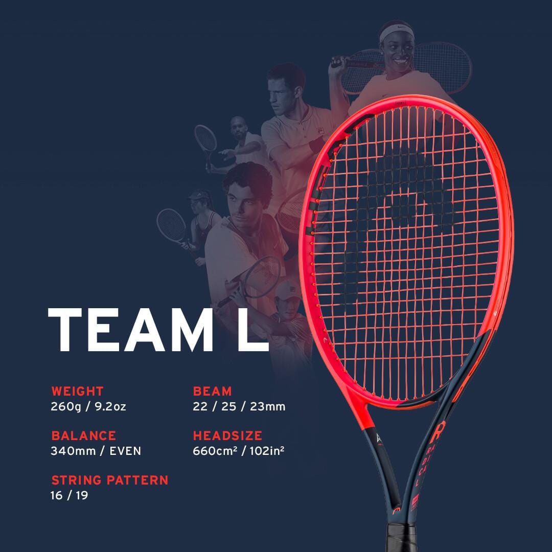 An orange and navy blue tennis racket from HEAD, the Radical Team L 2023 model, stands upright on a dark blue background. Surrounding the racket are faint grayscale images of tennis players in action. Text overlays list specifications such as weight, beam, balance, head size, and string pattern.