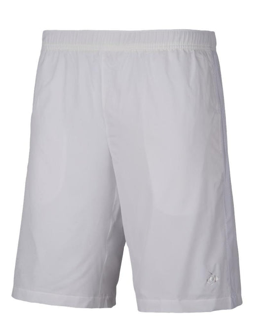 Introducing the Dunlop Club Line Men's Woven Tennis Shorts in white, designed from a comfortable polyester-spandex blend. These shorts feature an elastic waistband and are accented with a small Dunlop logo on the bottom left leg.