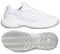 The adidas GameCourt 2 Women's Tennis Shoes in white are perfect for tennis enthusiasts, showcasing a side and bottom view. These sneakers feature a textured hard court outsole, mesh detailing, and the iconic three subtle stripes on the side characteristic of adidas branding.