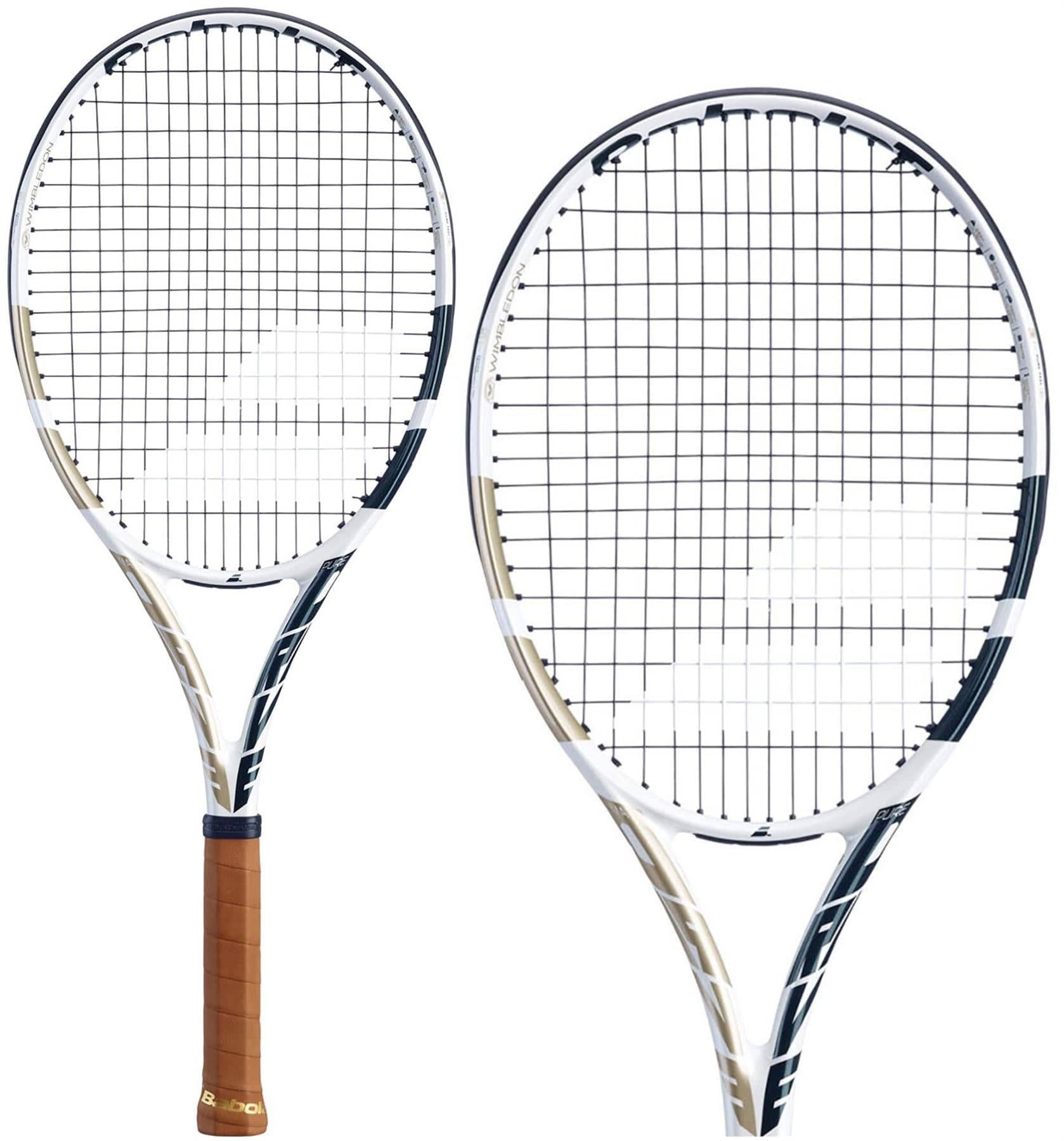 Two Babolat Pure Drive Team Tennis Rackets - Wimbledon (Frame Only) are shown against a white background. These rackets feature a modern design with black and gold detailing on the frames, enhanced by SWX Pure Feel technology for superior performance, and sport white and gray hues with brown grips.