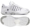 K-Swiss Defier RS Men's Tennis Shoes in White/Black offer sleek design with a textured sole and black stripes on the side, emphasizing durability. The upper is crafted with perforations and adorned with a shield logo to ensure stability. The sole design, visible from both the side and bottom, showcases its intricate tread pattern for superior grip.