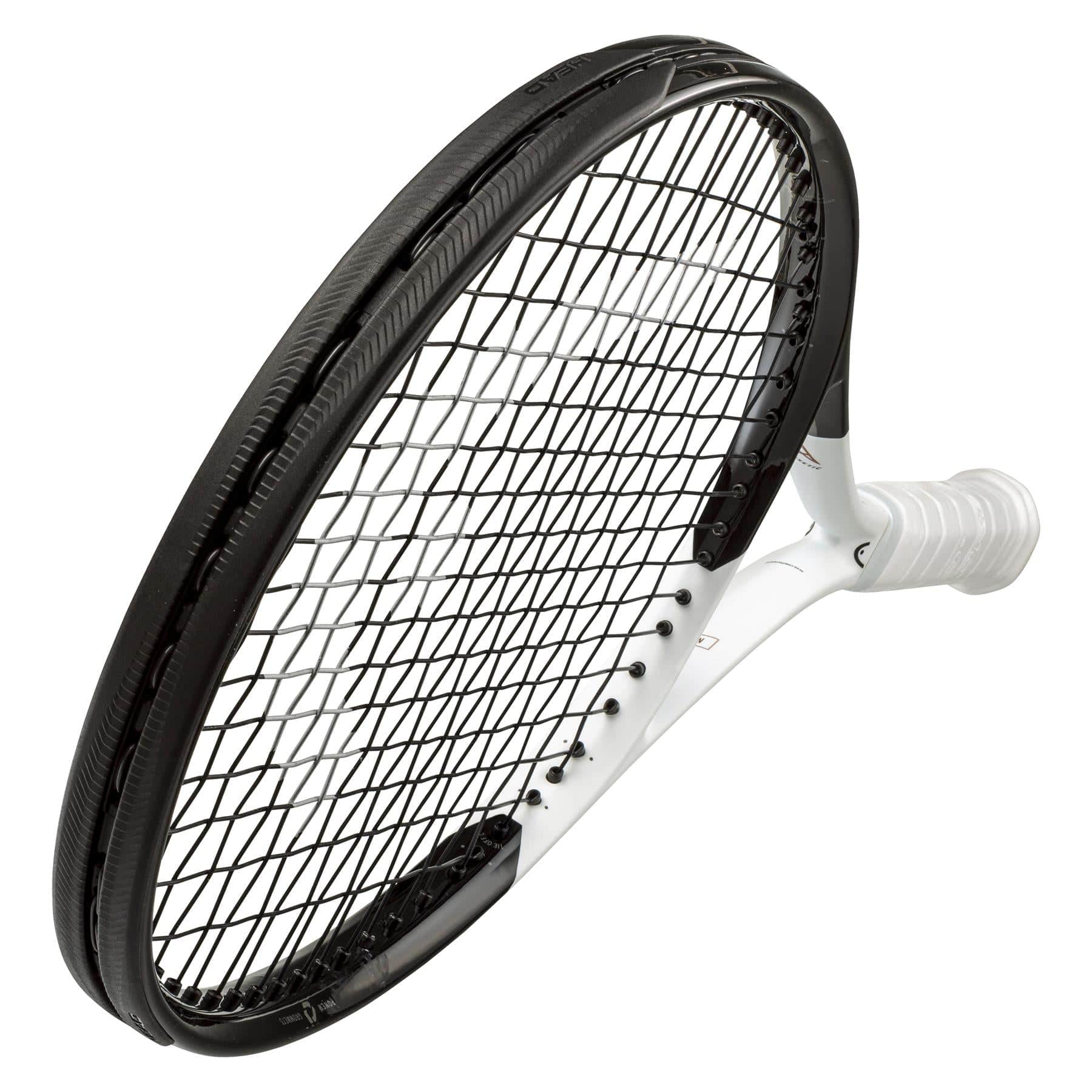 A sleek angled view of the HEAD Speed MP 2022 Tennis Racket - White / Black reveals a frame that marries black and graphene for superior strength, featuring white accents. The predominantly white handle offers a smooth grip, while the tightly woven strings highlight the auxetic design's cutting-edge tension control.