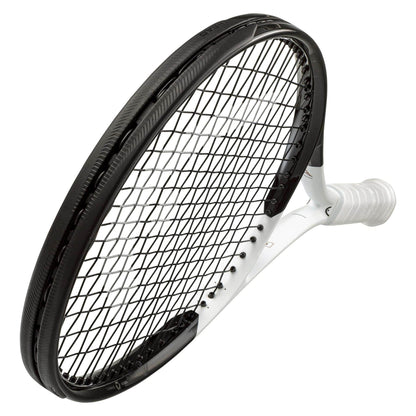 A sleek angled view of the HEAD Speed MP 2022 Tennis Racket - White / Black reveals a frame that marries black and graphene for superior strength, featuring white accents. The predominantly white handle offers a smooth grip, while the tightly woven strings highlight the auxetic design's cutting-edge tension control.