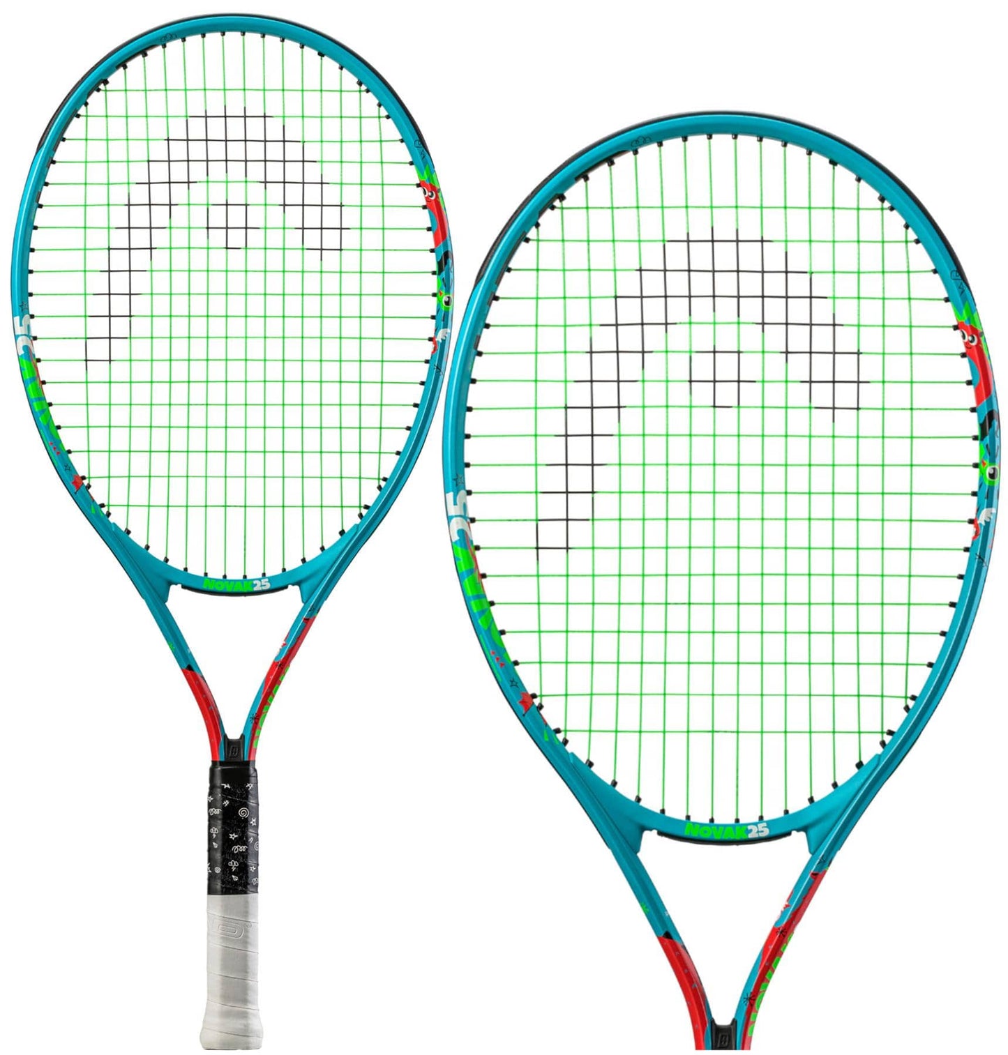 Two blue HEAD Novak 25 Junior Tennis Rackets, one standing upright and the other angled, showcase a red and white grip. The strings are green, arranged in a uniform grid pattern featuring a stylish logo. Perfect for young fans of Novak Djokovic, these rackets provide precision play with an advanced damp+ insert system.