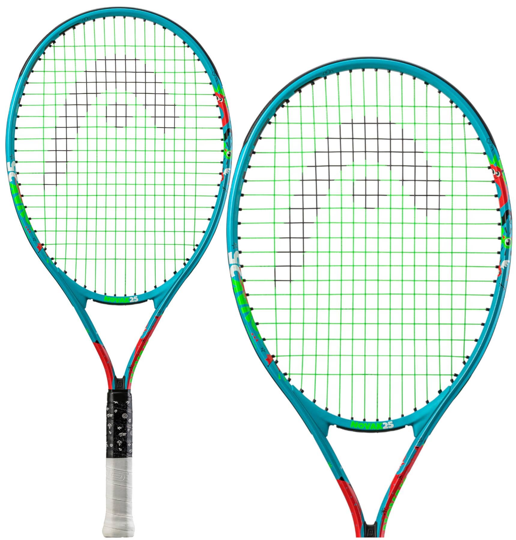 Two blue HEAD Novak 25 Junior Tennis Rackets, one standing upright and the other angled, showcase a red and white grip. The strings are green, arranged in a uniform grid pattern featuring a stylish logo. Perfect for young fans of Novak Djokovic, these rackets provide precision play with an advanced damp+ insert system.