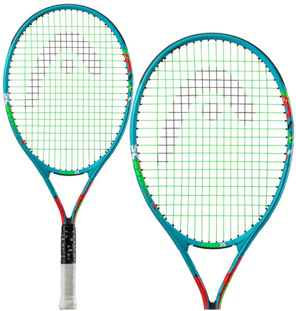 Two blue HEAD Novak 25 Junior Tennis Rackets, one standing upright and the other angled, showcase a red and white grip. The strings are green, arranged in a uniform grid pattern featuring a stylish logo. Perfect for young fans of Novak Djokovic, these rackets provide precision play with an advanced damp+ insert system.