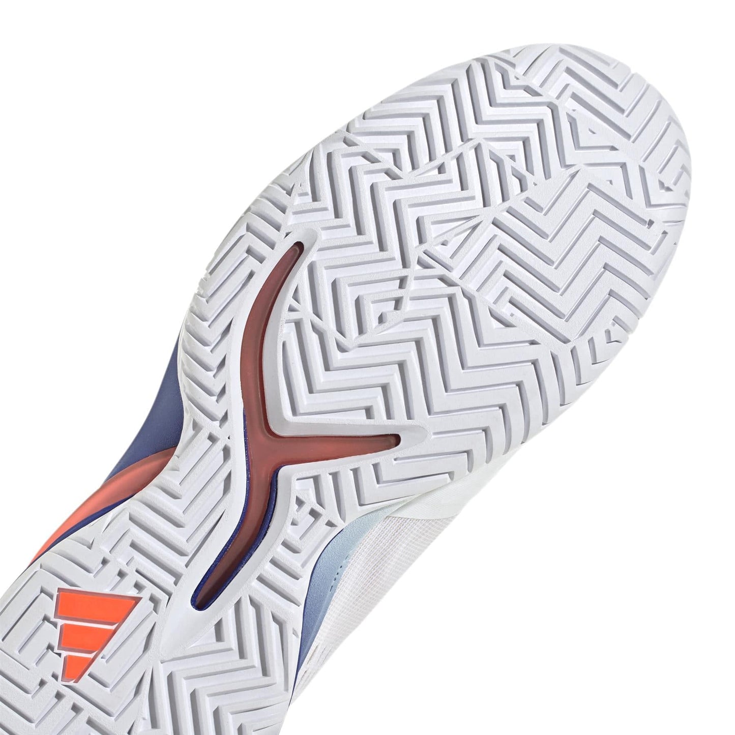 The image shows the sole of a tennis shoe, which appears to be the adidas Adizero Cybersonic Men's Tennis Shoes in Cloud White, Core Black, and Solar Red. It features a zigzag tread pattern with white and blue accents along with an orange logo. Made from recycled materials, the design is crafted for enhanced traction.