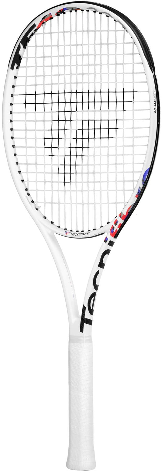 The Tecnifibre TF40 305 16x19 Tennis Racket - White (Frame Only) is a striking piece from Tecnifibre, showcasing Foam Inside technology. The white and black frame is accented with eye-catching red and blue near the edges, and the handle prominently features the "Tecnifibre" branding. A central logo is formed by precision-crafted strings in its pattern.