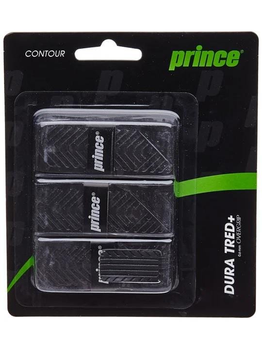 The Prince Dura Tred Tennis Overgrip - Black - 3 Pack, crafted by Prince for tennis racquets, provides a super tacky feel. The package contains three grips in black with a textured pattern, encased in clear plastic against a black background highlighted with green accents.