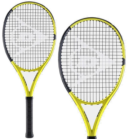 Two Dunlop SX Team 280g tennis rackets in yellow and black are displayed against a white background. Highlighted by AEROSKIN technology, the rackets feature a white inner section with a prominent logo and black grips on the handles. The strings are intricately woven for optimal performance.